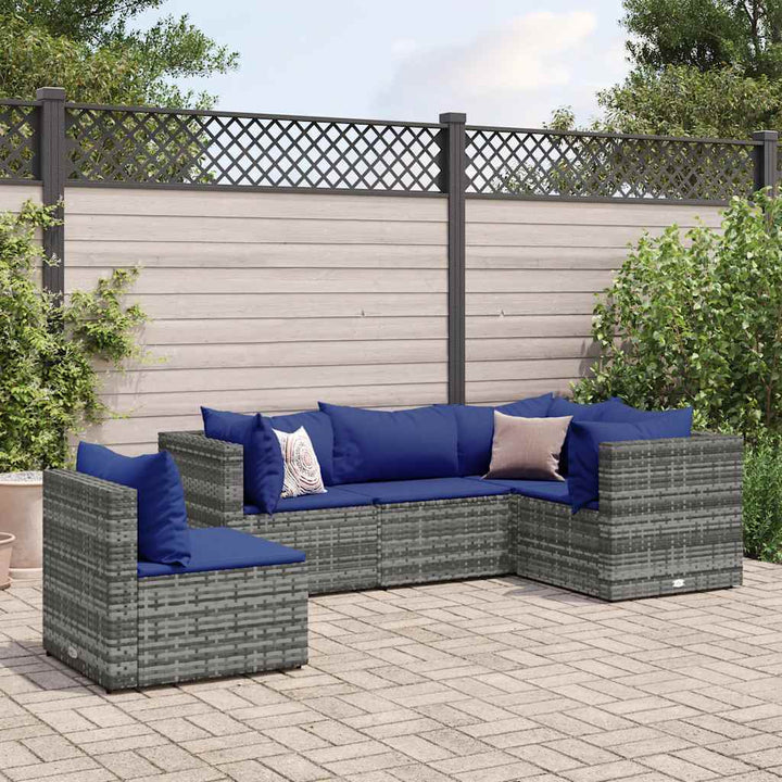 loungesæt til haven 5 dele med hynder polyrattan grå