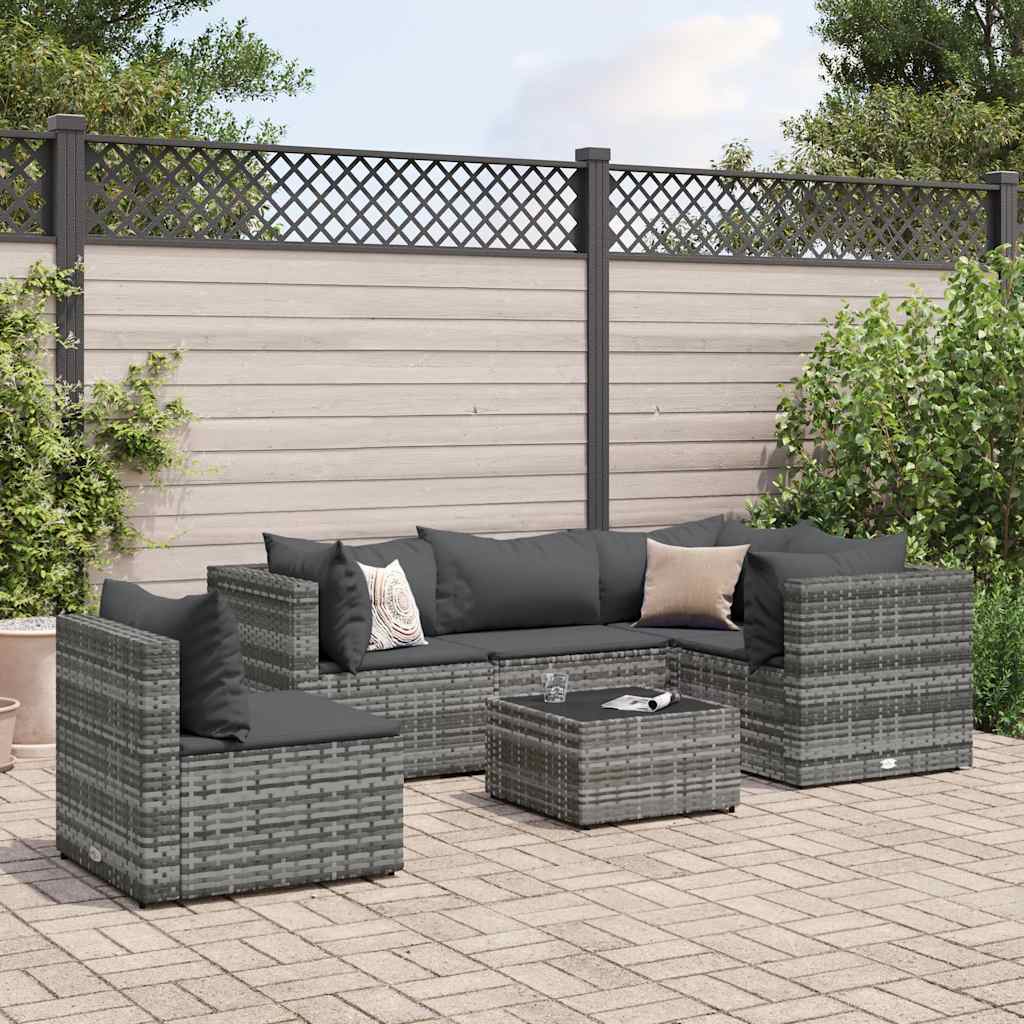 loungesæt til haven 6 dele med hynder polyrattan grå