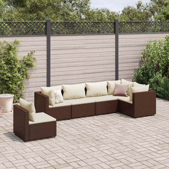 loungesæt til haven 6 dele med hynder polyrattan brun