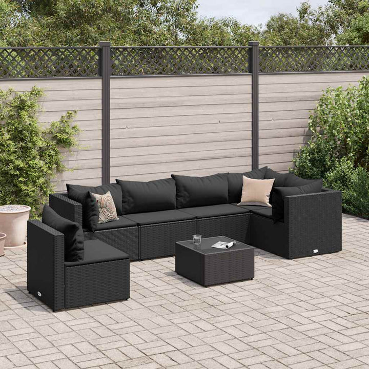 loungesæt til haven 7 dele med hynder polyrattan sort
