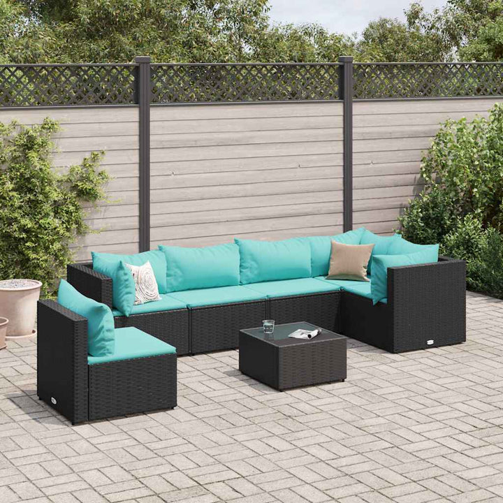 loungesæt til haven 7 dele med hynder polyrattan sort