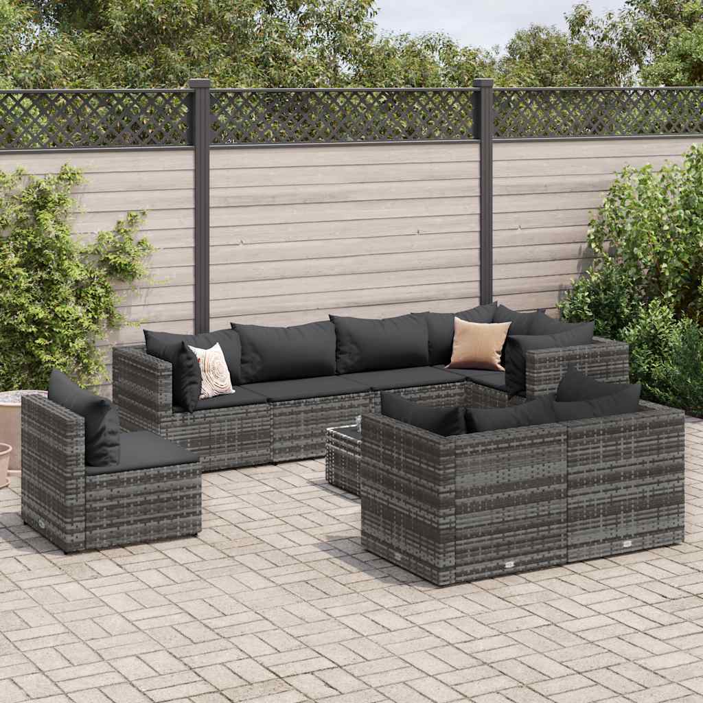 loungesæt til haven 9 dele med hynder polyrattan grå