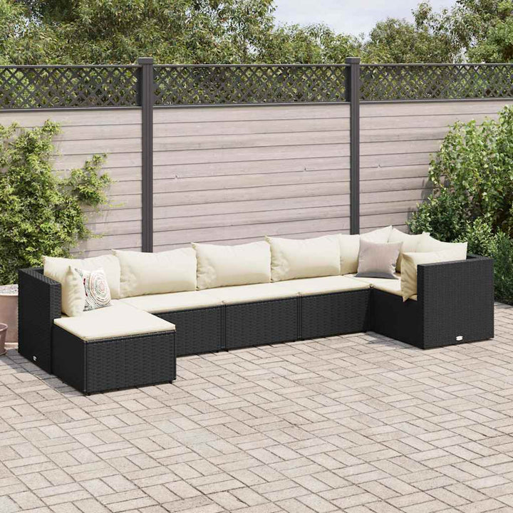 loungesæt til haven 7 dele med hynder polyrattan sort