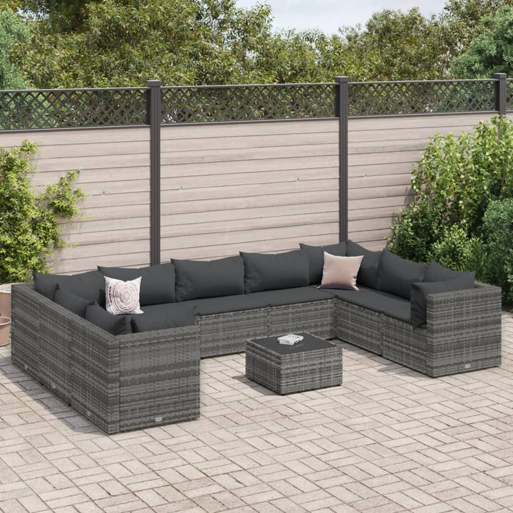 loungesæt til haven 10 dele med hynder polyrattan grå