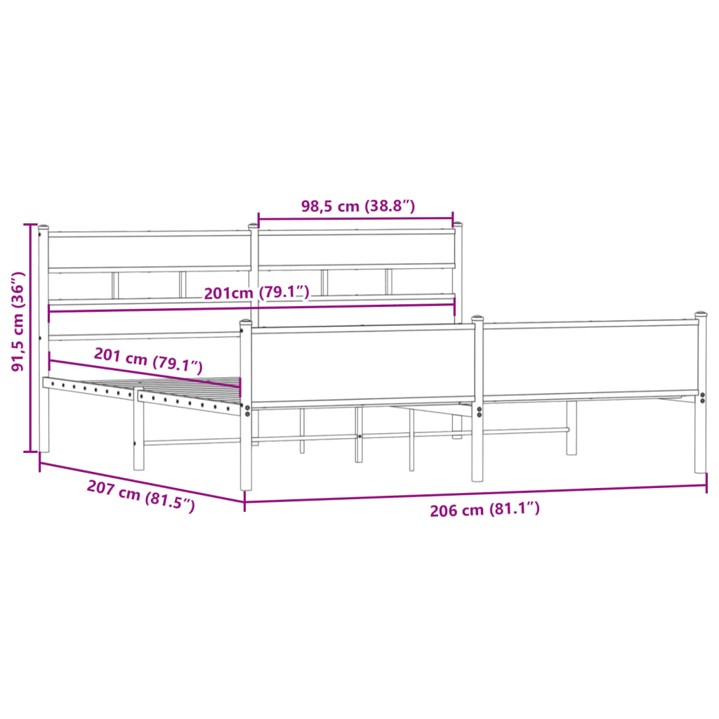 sengeramme uden madras 200x200 cm metal røget egetræsfarve