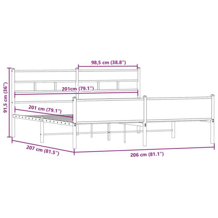 sengeramme uden madras 200x200 cm metal røget egetræsfarve