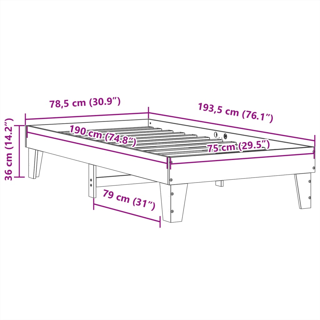 sengeramme uden madras 75x190 cm massivt fyrretræ hvid