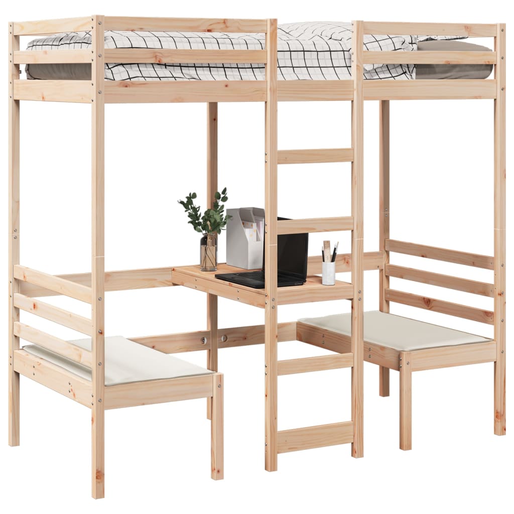 højseng med skrivebord og stole 80x200 cm massivt fyrretræ
