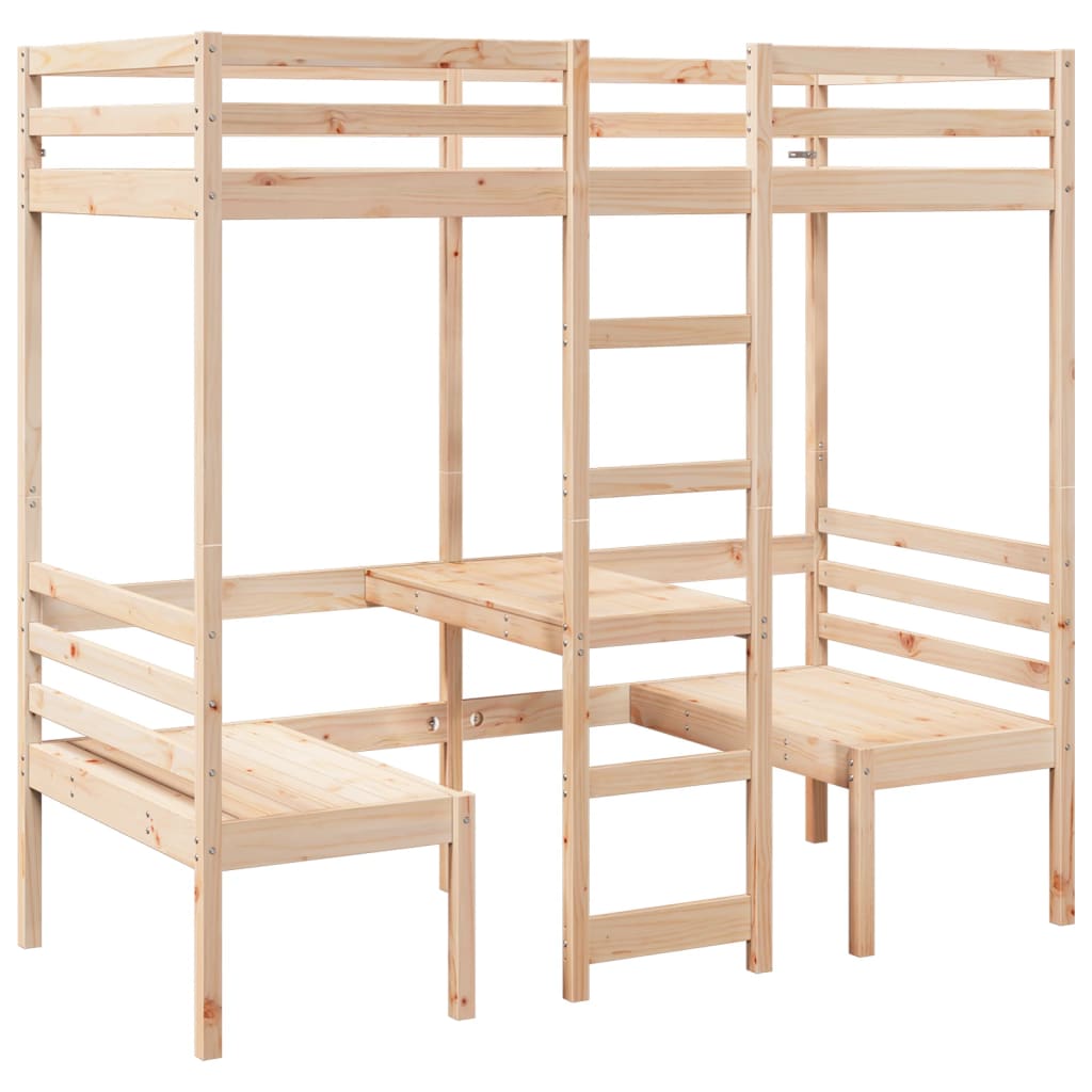 højseng med skrivebord og stole 90x190 cm massivt fyrretræ