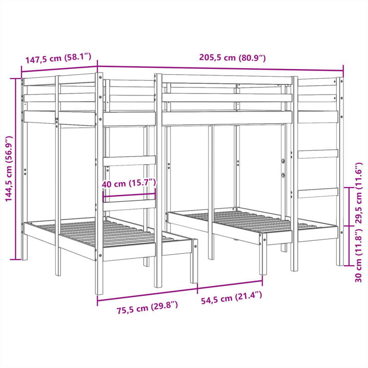 tredobbelt køjeseng 140x200/70x140 cm massivt fyrretræ hvid
