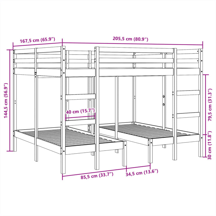 tredobbelt køjeseng 160x200/80x160 cm massivt fyrretræ hvid