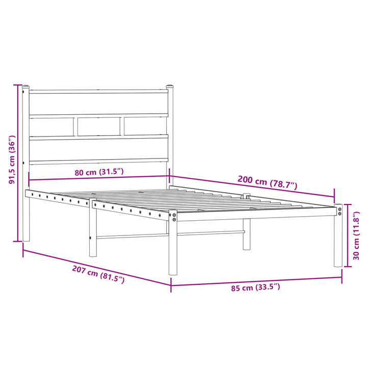 sengeramme uden madras 80x200 cm metal røget egetræsfarve