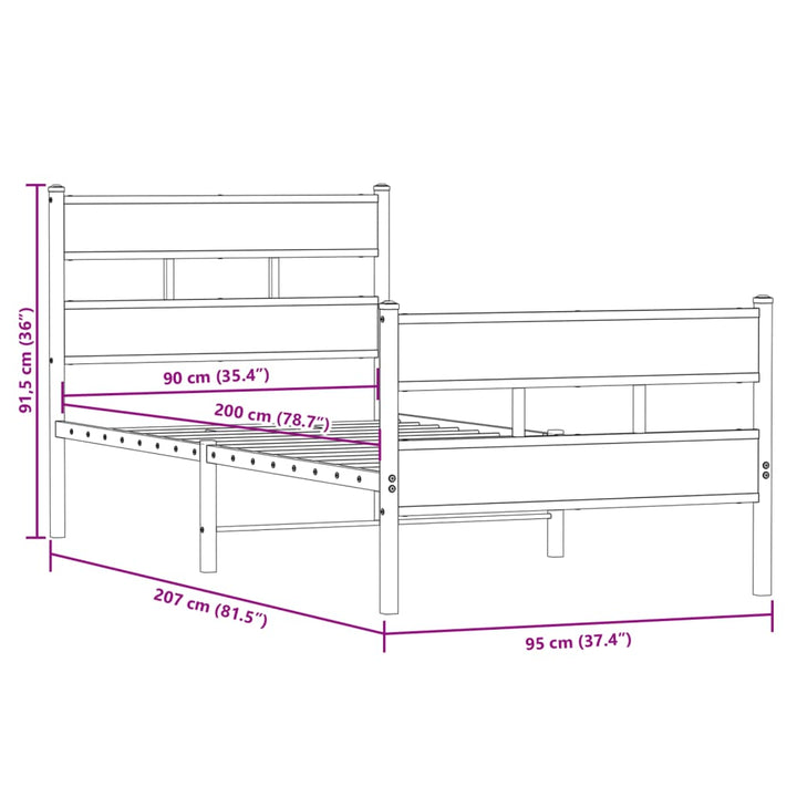 sengeramme uden madras 90x200 cm metal røget egetræsfarve