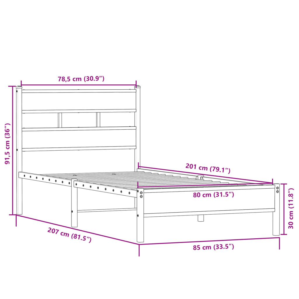 sengeramme 80x200 cm uden madras konstrueret træ sonoma-eg