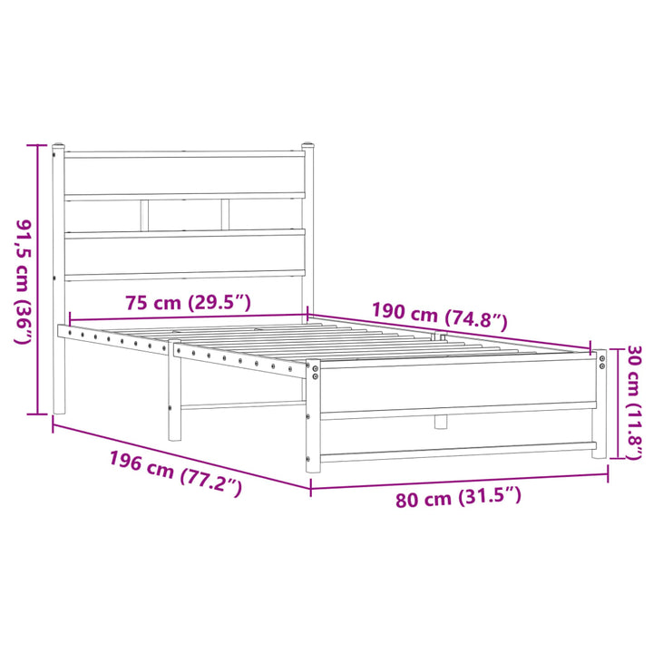 sengeramme 75x190 cm uden madras metal brun egetræsfarve