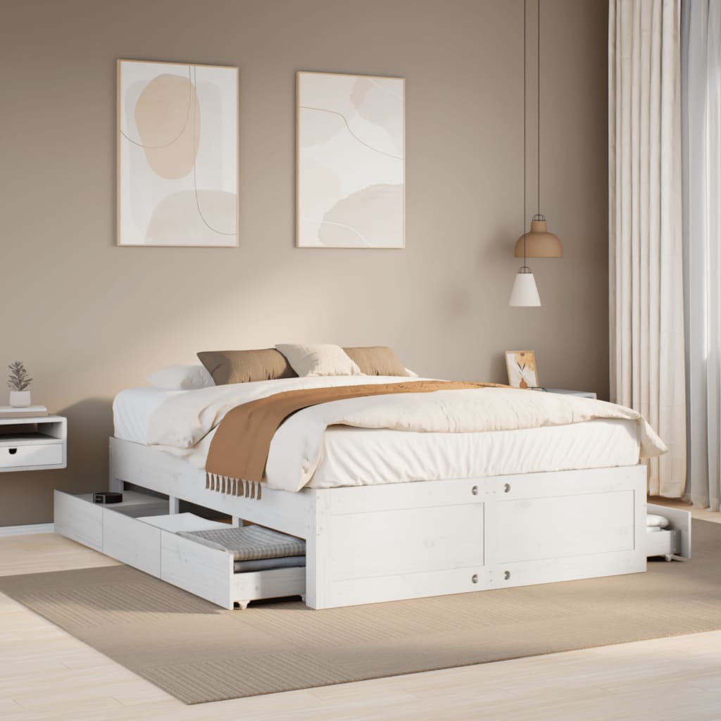 sengeramme m. skuffer 140x200 cm uden madras massivt fyr hvid