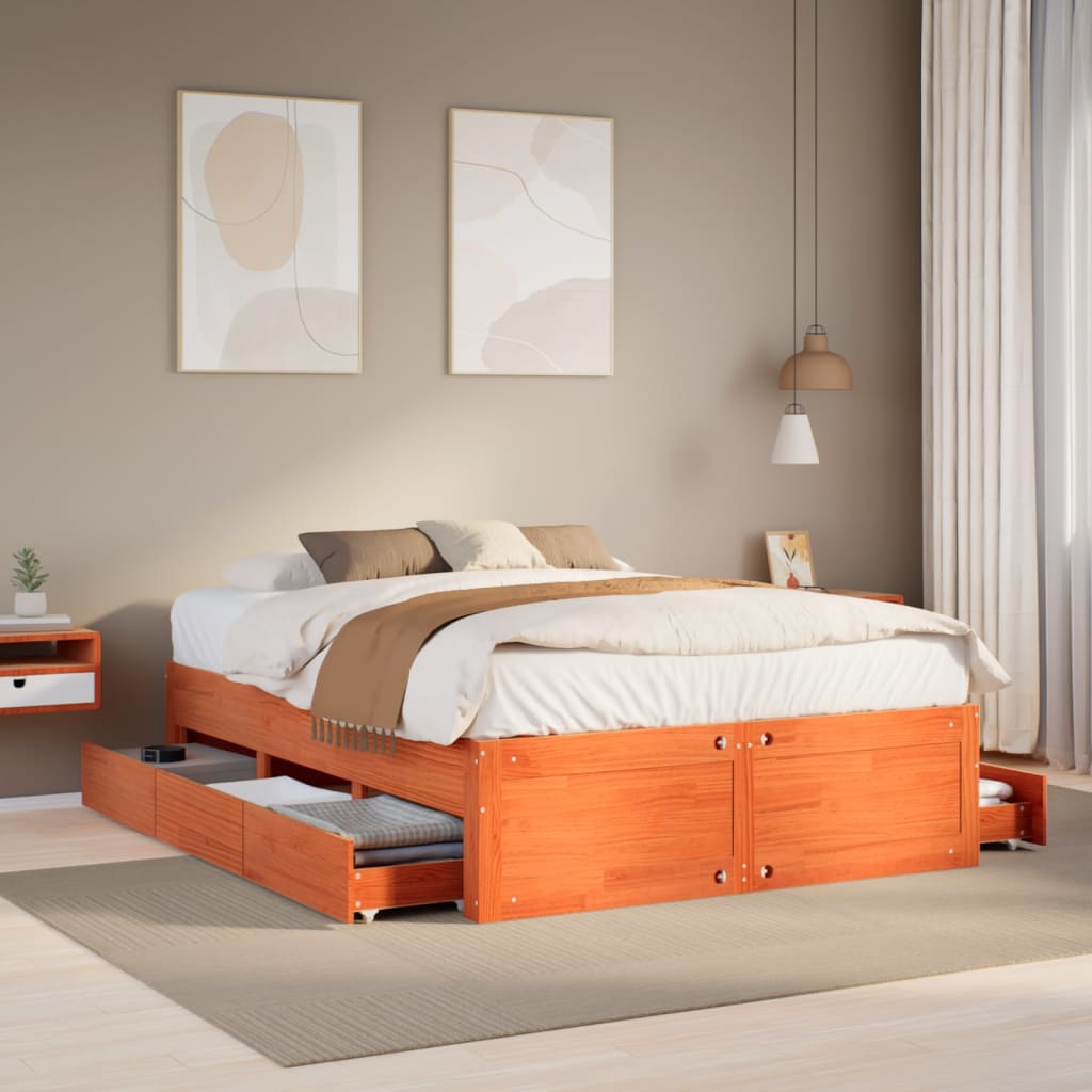 sengeramme m. skuffer 140x200 cm uden madras massivt fyr brun