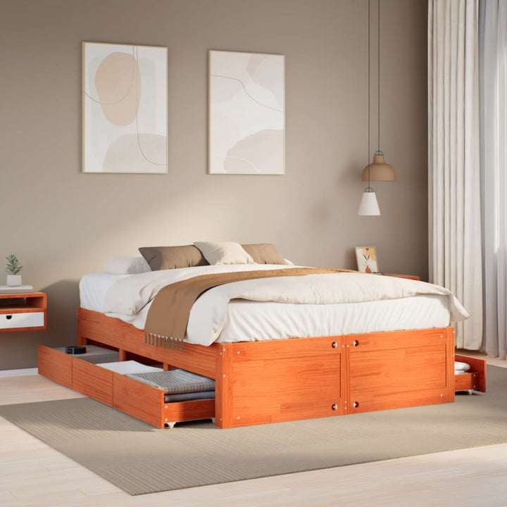 sengeramme m. skuffer 140x200 cm uden madras massivt fyr brun