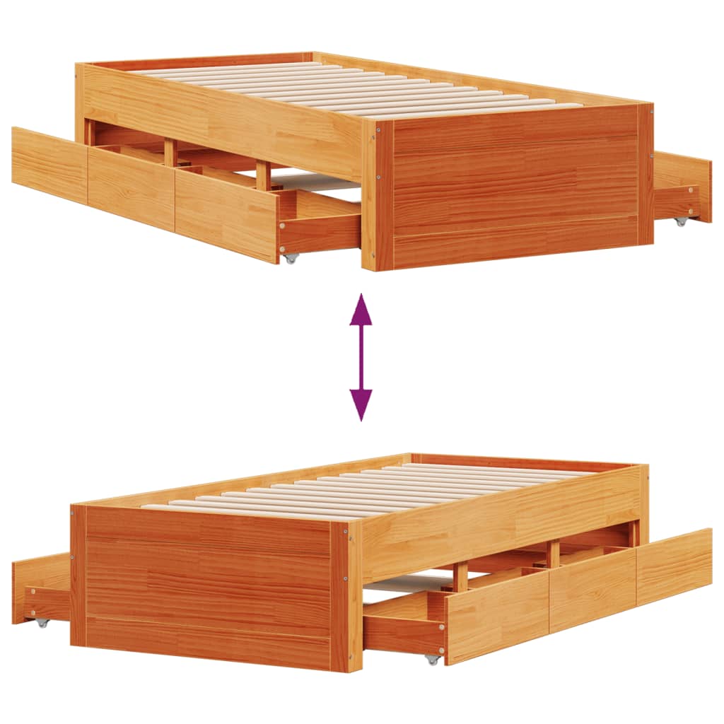 sengeramme m. skuffer 100x200 cm uden madras massivt fyr brun
