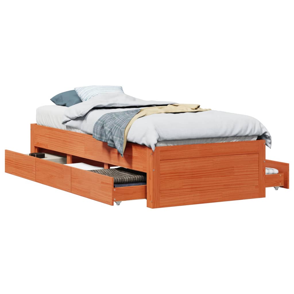 sengeramme m. skuffer 90x200 cm uden madras massivt fyr brun