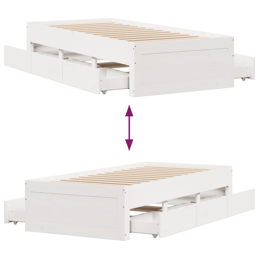 sengeramme m. skuffer 75x190 cm uden madras massivt fyr hvid