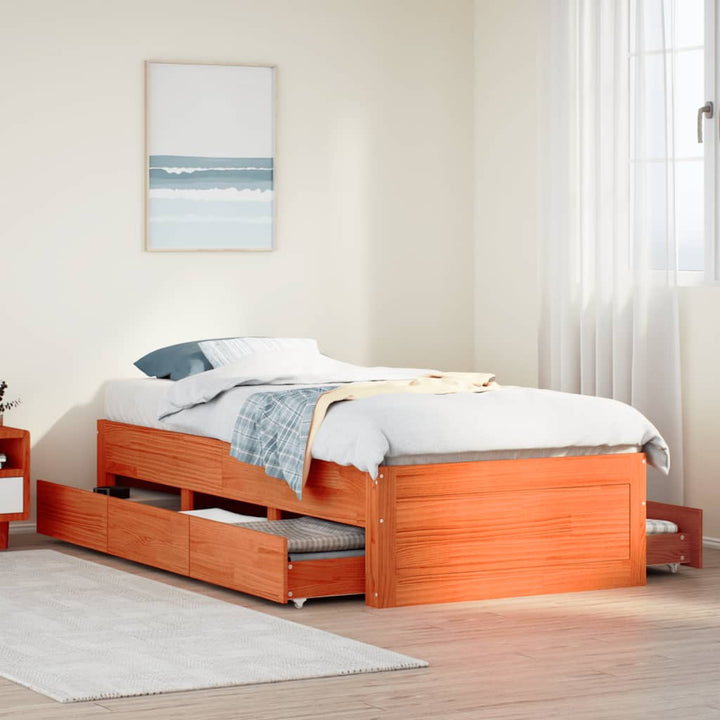 sengeramme m. skuffer 75x190 cm uden madras massivt fyr brun