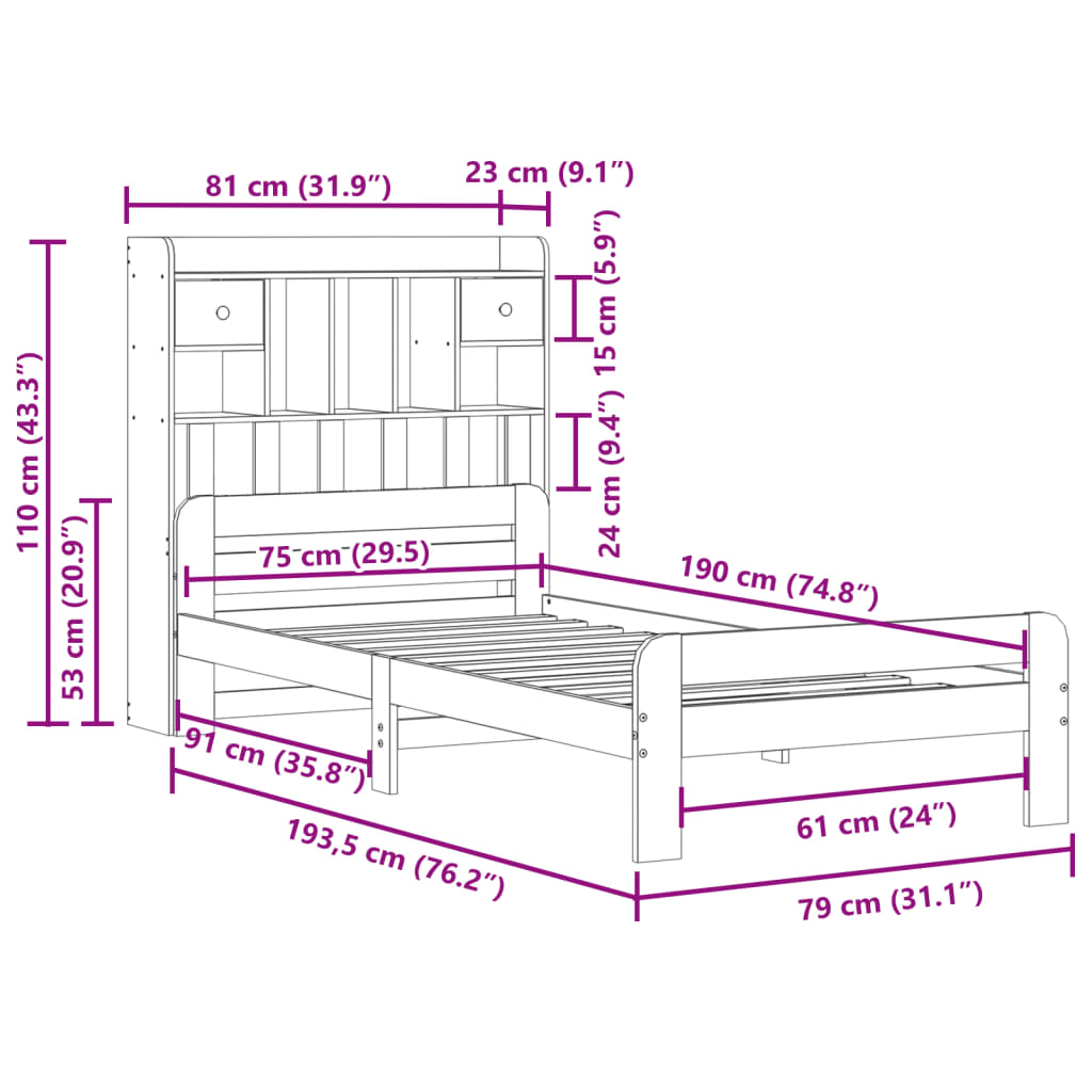 seng med reol uden madras 75x190 cm massivt fyrretræ gyldenbrun