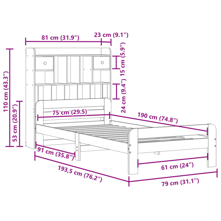 seng med reol uden madras 75x190 cm massivt fyrretræ gyldenbrun
