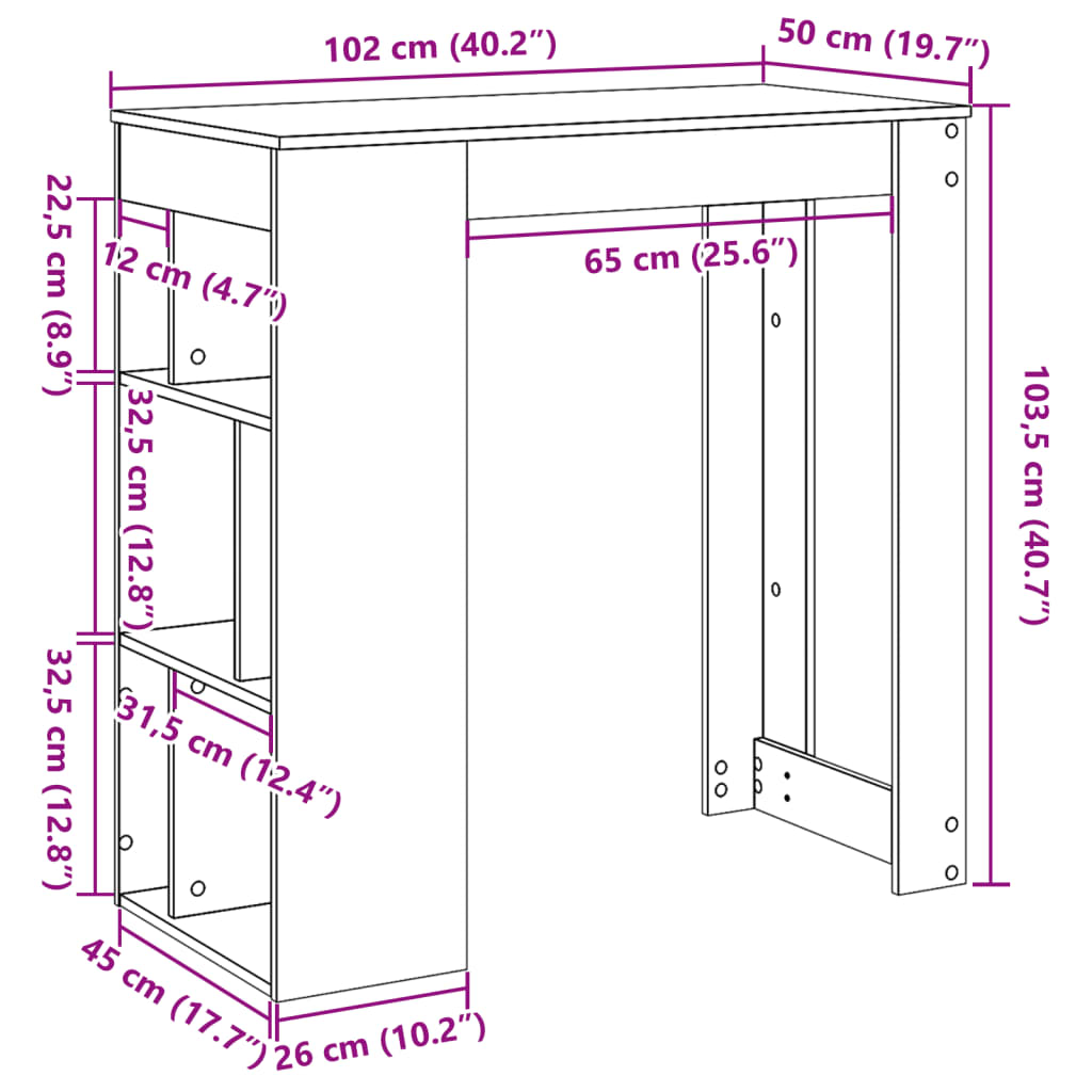 barbord med stativer 102x50x103,5 cm konstrueret træ hvid