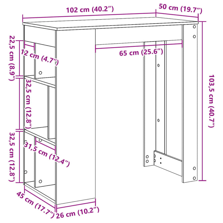 barbord med stativer 102x50x103,5 cm konstrueret træ betongrå