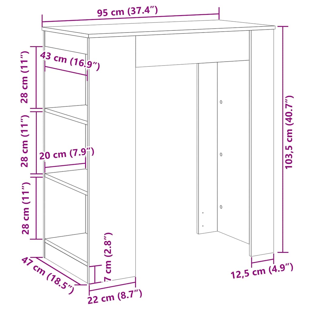 barbord med stativer 95x47x103,5 cm konstrueret træ røget eg