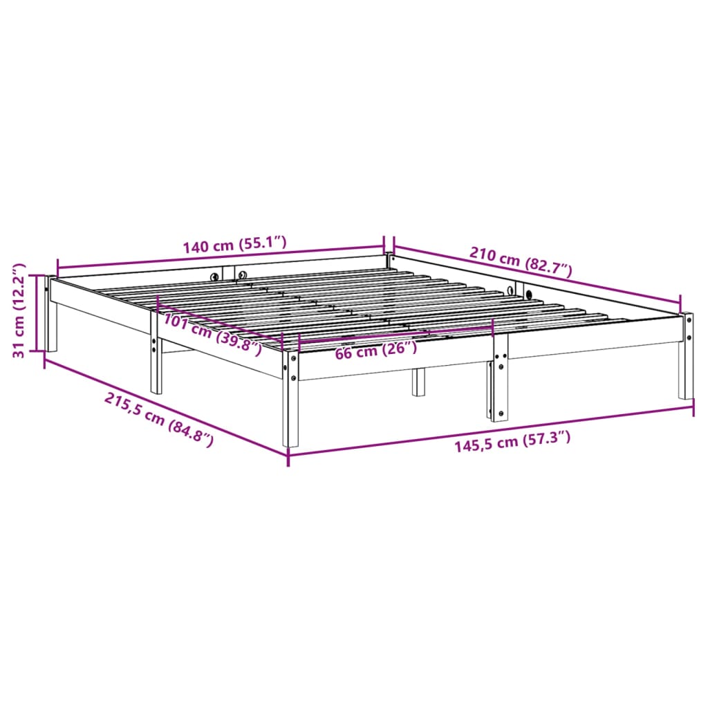 ekstra lang sengeramme uden madras 140x210 cm massivt fyrretræ