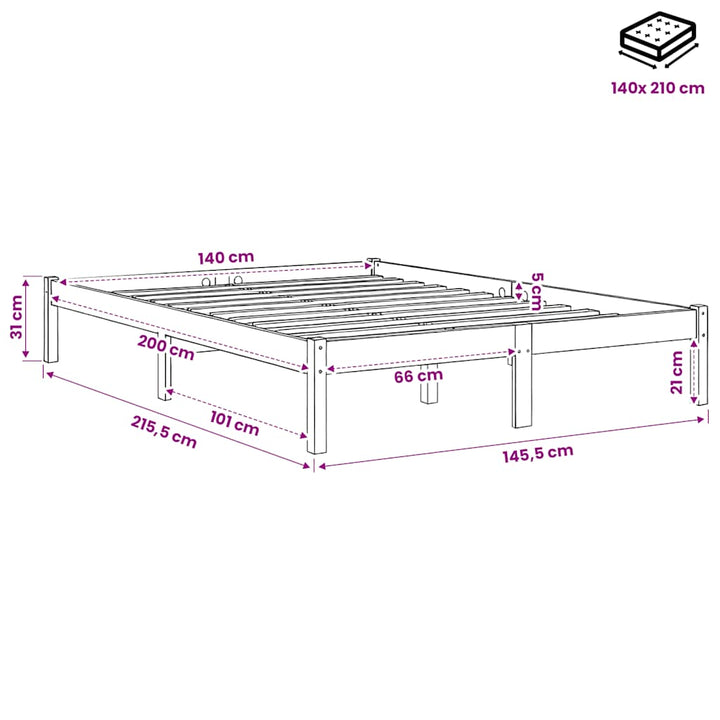 ekstra lang sengeramme uden madras 140x210 cm massivt fyrretræ