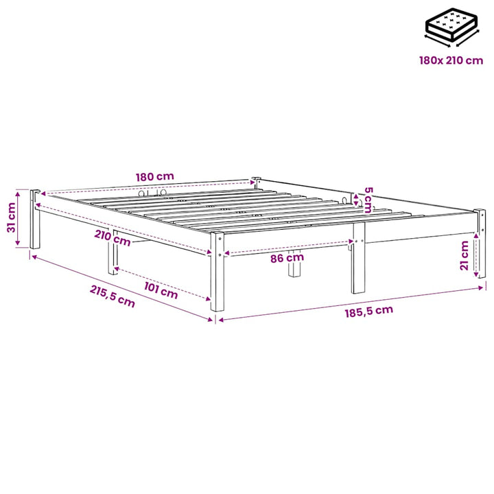 ekstra lang sengeramme uden madras 180x210 cm massivt fyrretræ