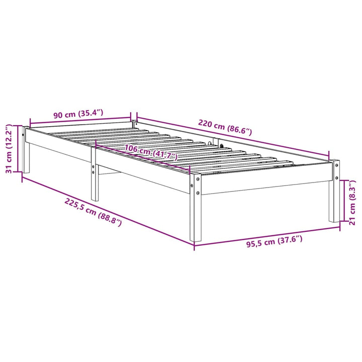 ekstra lang sengeramme uden madras 90x220 cm massivt fyrretræ