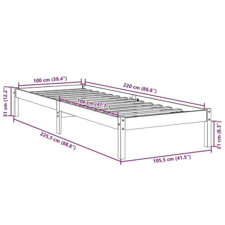 ekstra lang sengeramme uden madras 100x220 cm massivt fyrretræ