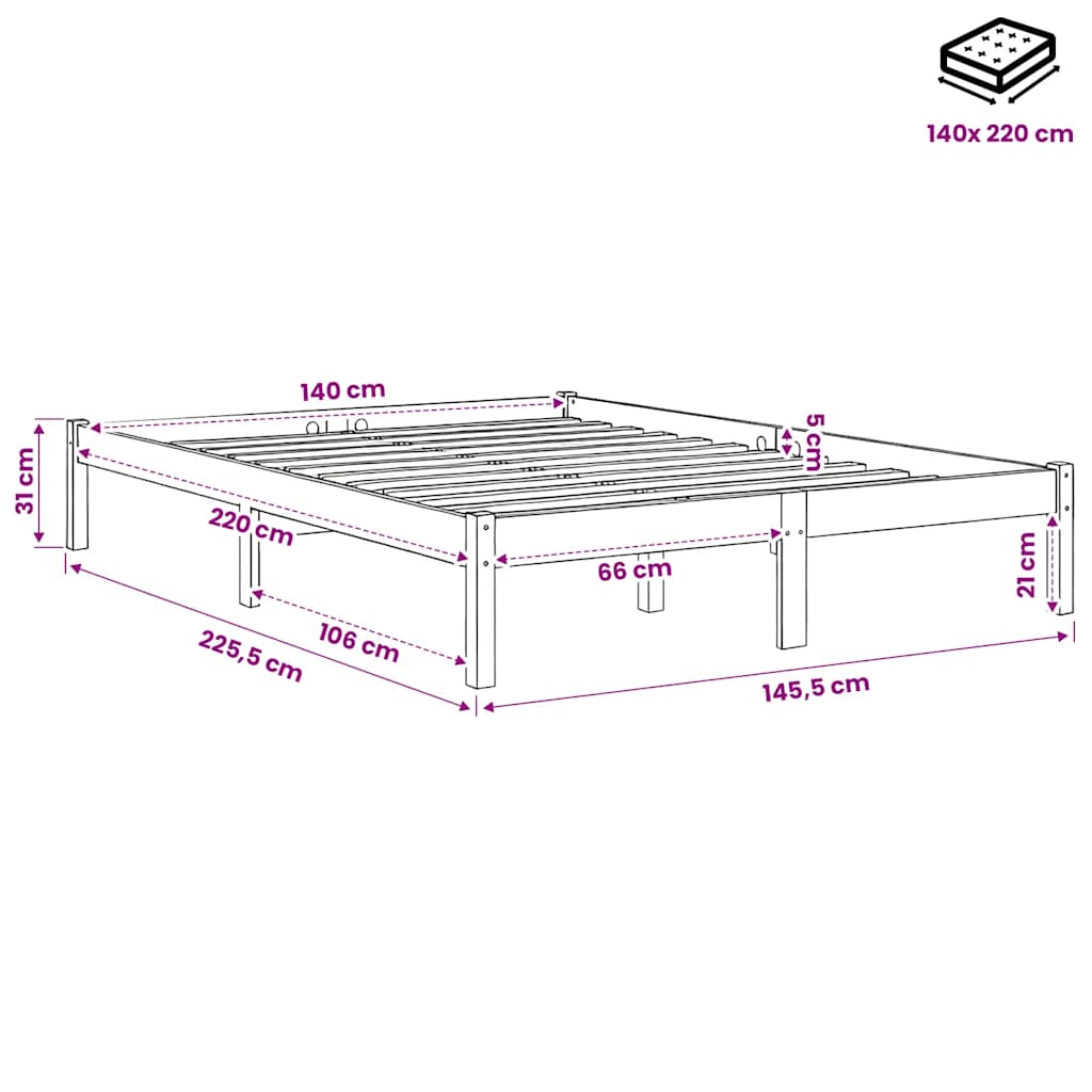 ekstra lang sengeramme uden madras 140x220 cm massivt fyrretræ