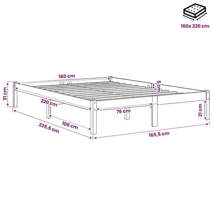 ekstra lang sengeramme uden madras 160x220 cm massivt fyrretræ