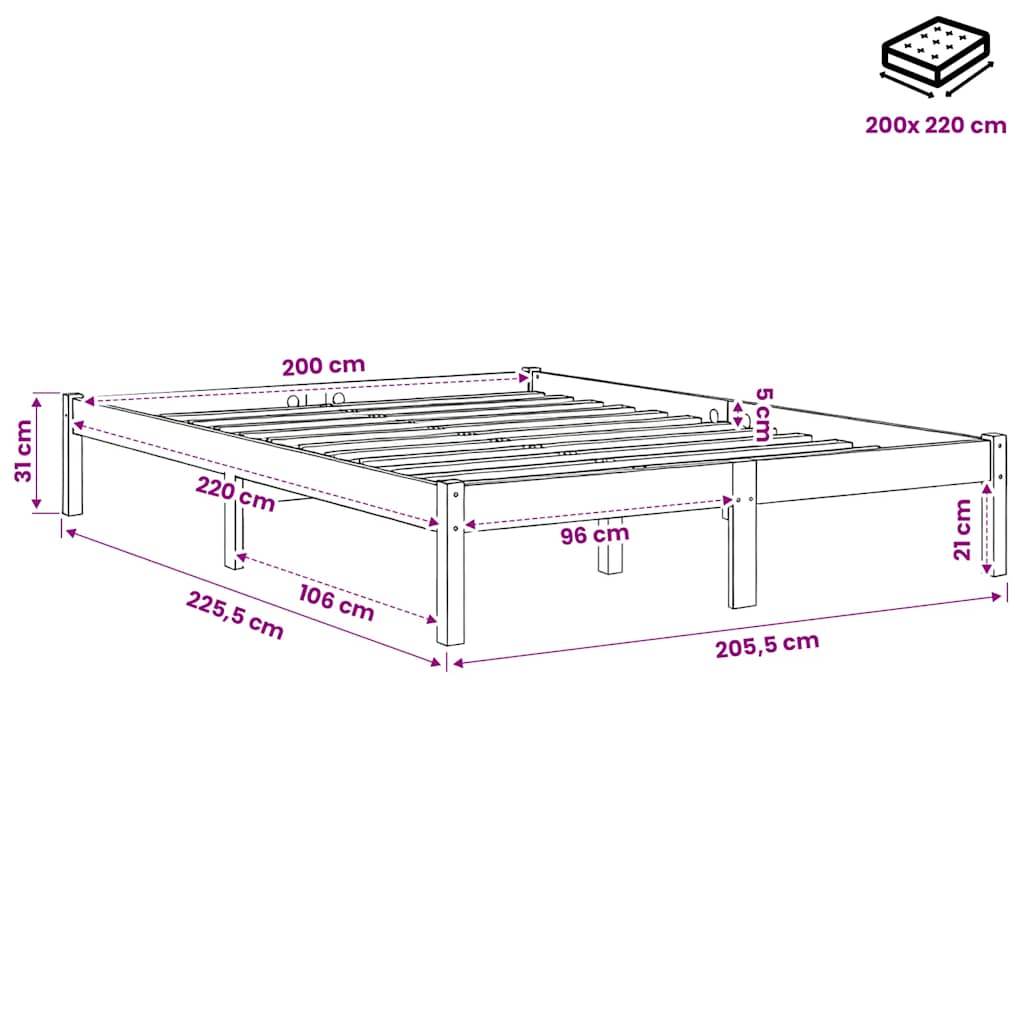 ekstra lang sengeramme uden madras 200x220 cm massivt fyrretræ
