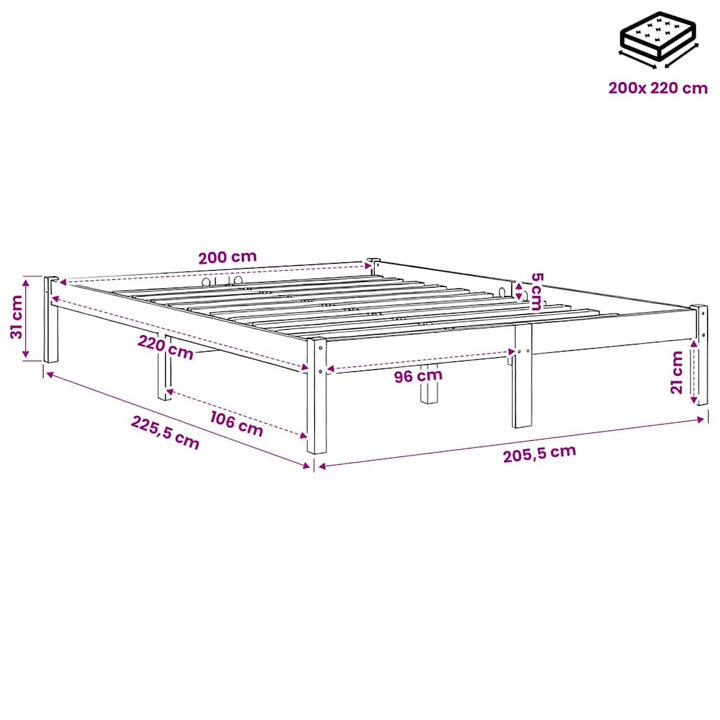 ekstra lang sengeramme uden madras 200x220 cm massivt fyrretræ