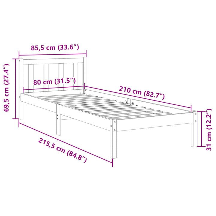 ekstra lang sengeramme uden madras 80x210 cm massivt fyrretræ