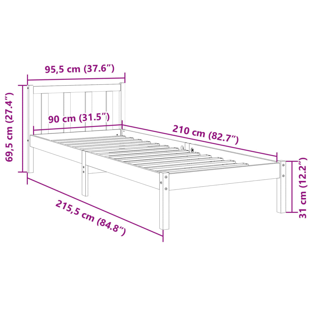 ekstra lang sengeramme uden madras 90x210 cm massivt fyrretræ