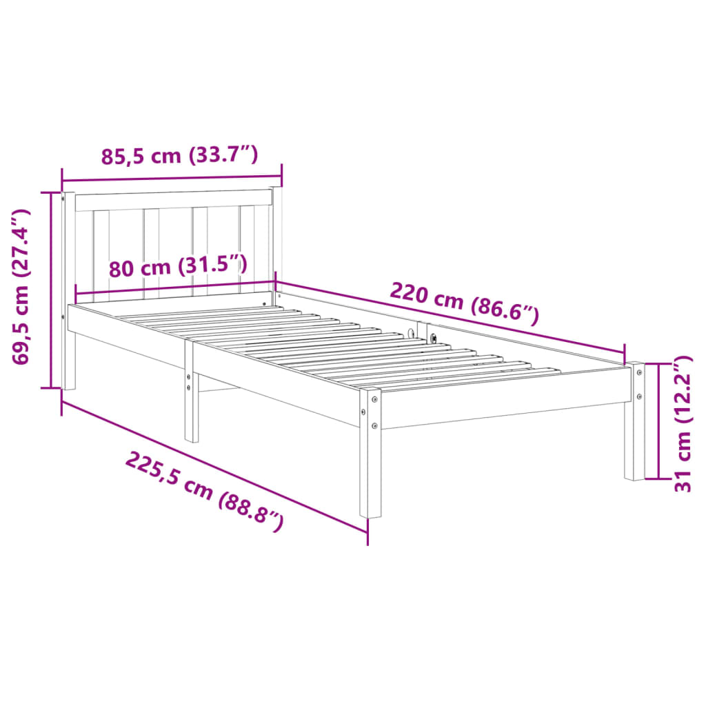 ekstra lang sengeramme uden madras 80x220 cm massivt fyrretræ