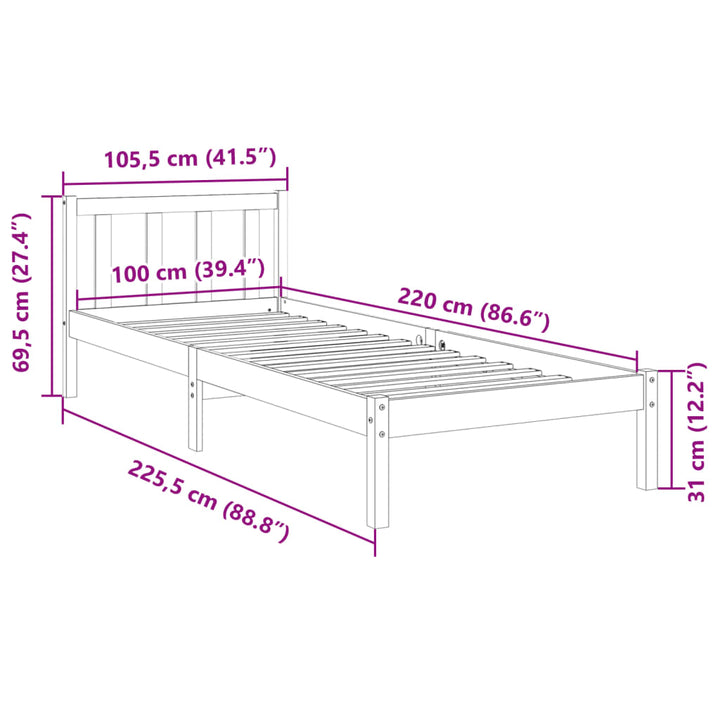 ekstra lang sengeramme uden madras 100x220 cm massivt fyrretræ