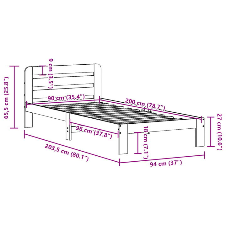 sengeramme uden madras 90x200 cm massivt fyrretræ