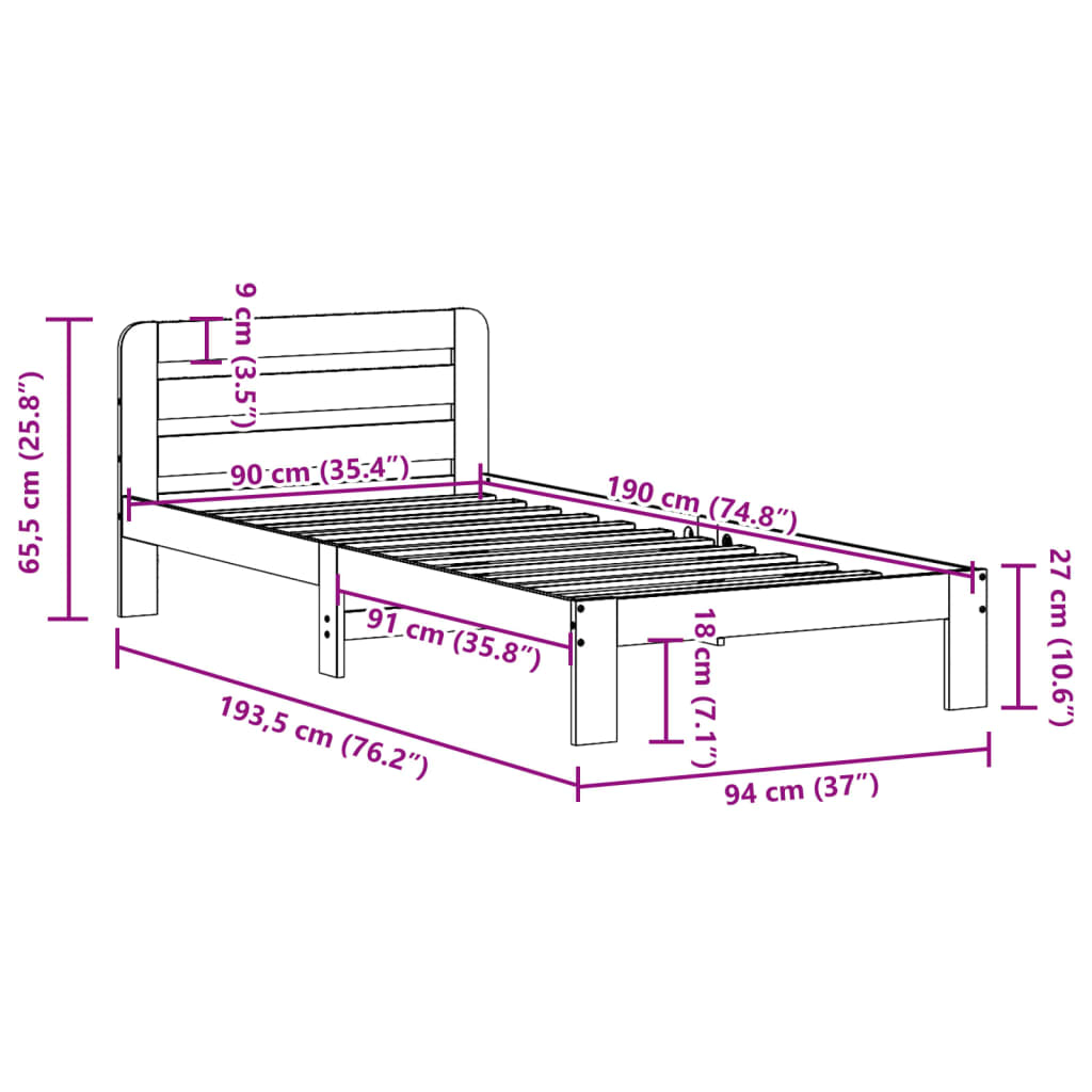 sengeramme uden madras 90x190 cm massivt fyrretræ gyldenbrun