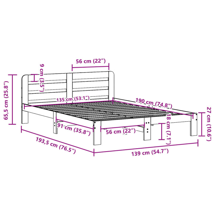 sengeramme uden madras 135x190 cm massivt fyrretræ hvid