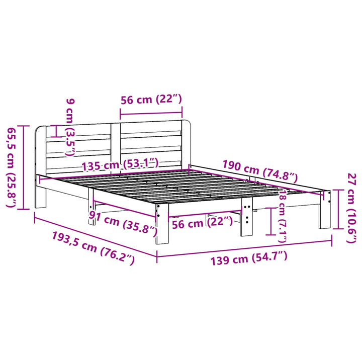 sengeramme uden madras 135x190 cm massivt fyrretræ brun