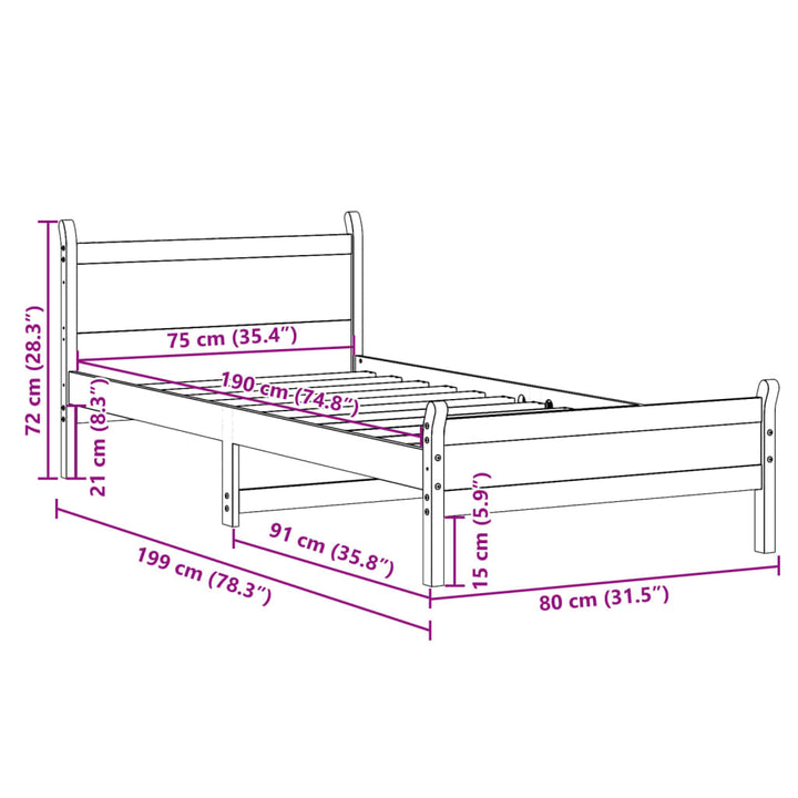 sengeramme uden madras 75x190 cm massivt fyrretræ