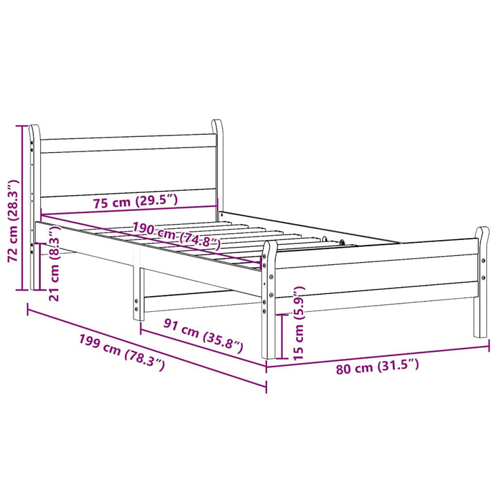 sengeramme uden madras 75x190 cm massivt fyrretræ gyldenbrun